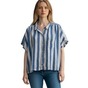 OLD NAVY Blue White Stripe Gauze Button Up 100% Cotton Shirt Women's Size Large